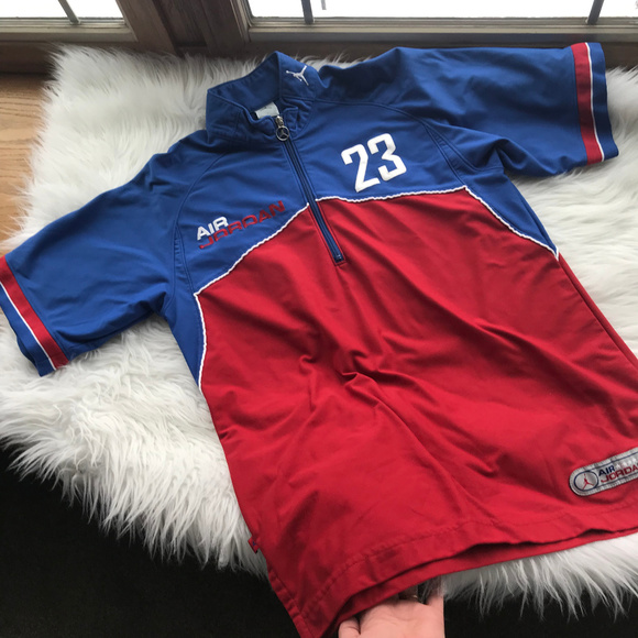 red and blue jordan shirt